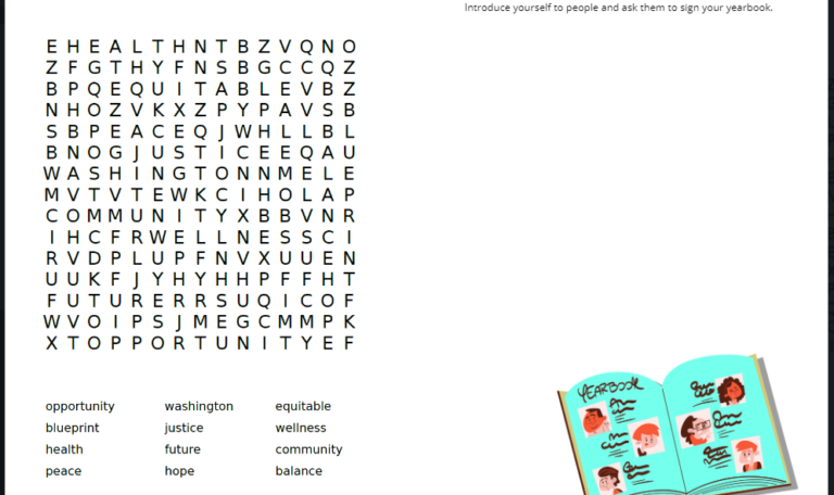 Screenshot of the inside of the youth Yearbook. Wordsearch on the left and space to get signatures on the right. 